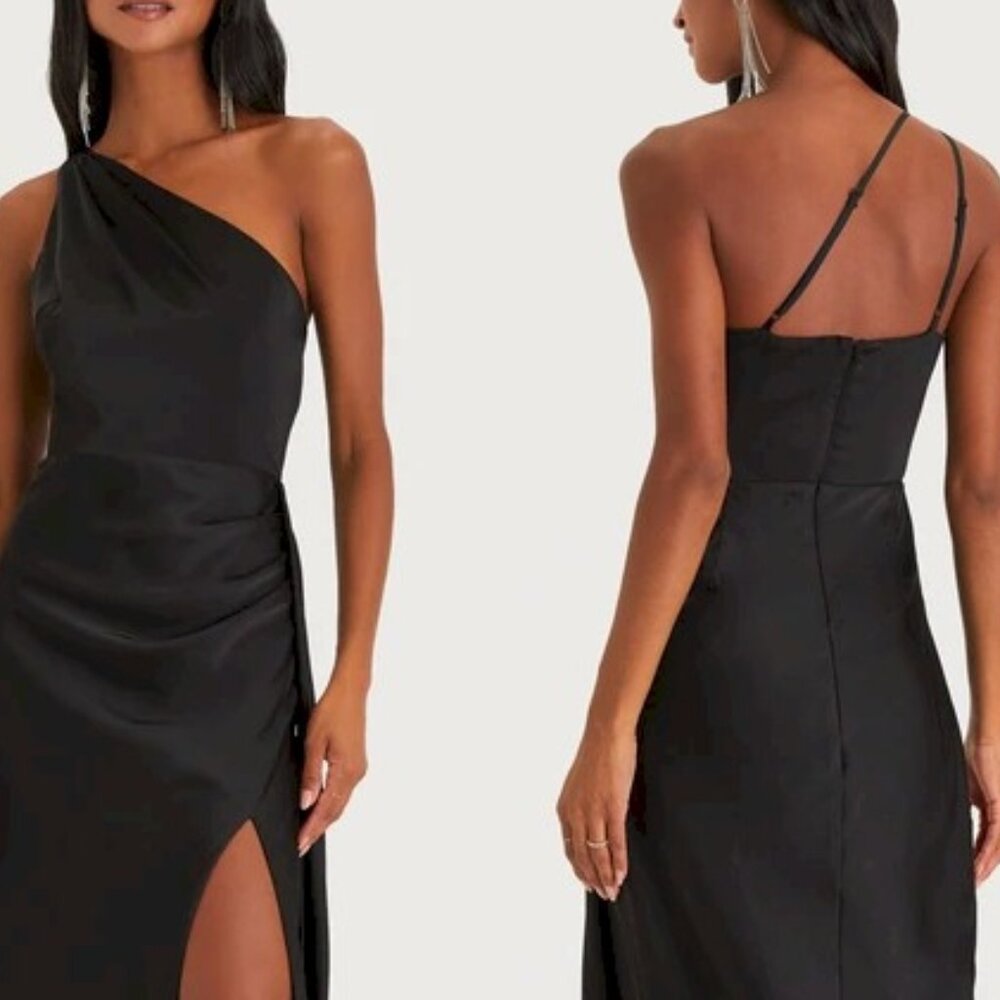 Lulus Signature Elegance Black Satin One-Shoulder Maxi Dress Size Large New NWT - Picture 10 of 13
